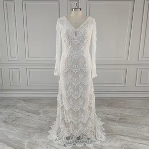 100% Real Photos Boho Long Sleeves Appliques Lace Sheath Wedding Dress For Women Backless Sweep Train Bridal Gown For Wedding