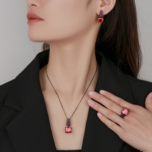 Wholesale Eco-friendly Copper Black Gold Plated 14-12MM Orange Red Zircon Pendant Earrings <b>Ring</b> Set Ladies Fashion Jewelry Set - Product Image 6
