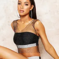 2022 nuove donne estate Cover Up Bikini See Through strass Net Party Club Crop Top Sexy Diamonds Mesh Cropped Tank Top