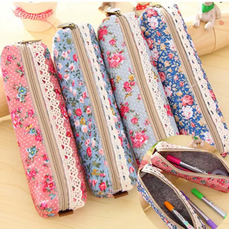 Cute Floral Lace Pencil Case Pencil Bag School Supplies Cosmetic Makeup Bag Zipper Pouch Purse Wholesale