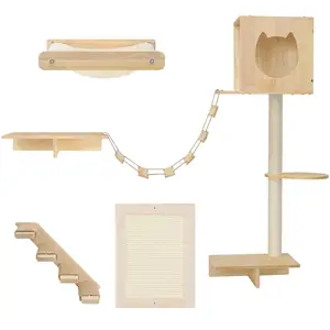 Hot Sales Sustainable Cat Wall Mounted Frame Shelves and Hammock Platform Wood Tree Furniture Set for Pet Climbing Wall
