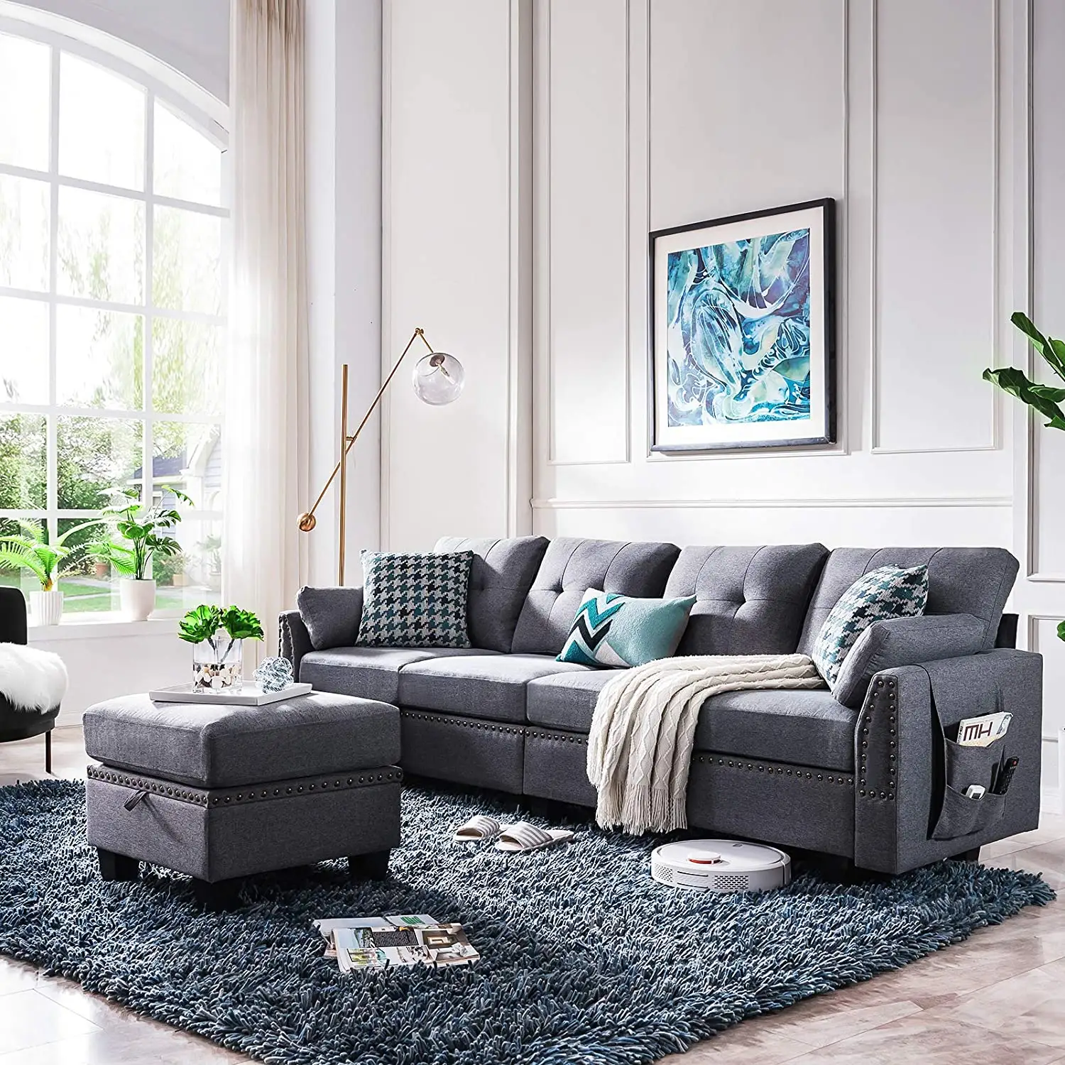 American Style home furniture fabric solid wood frame living room sofa sectional l shape capacity storage sofa