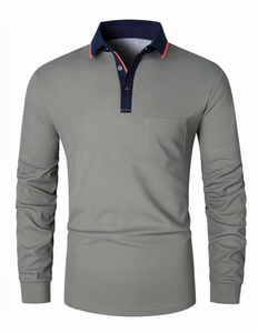 Spring and Autumn Breathable Casual Long-Sleeved Men's for <b>Shirt</b> Simple Style Lapel Collar <b>Patchwork</b> Top with Pocket - Product Image 1