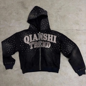 Sudadera con capucha de algodón de lujo, estilo cropped, con lavado ácido, de felpa francesa, oversize, con cremallera, bordado de pedrería personalizado, para hombre - Product Image 2