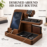 Organisateur de Valet Premium en Bambou pour Homme – Support de Téléphone, Montre, Lunettes et Portefeuille – Idéal pour Table de Nuit et Commode – Personnalisable