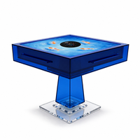 Table de Mahjong automatique élégante en acrylique bleu motif Poisson Koi, plateau carré avec système de levage automatique des tuiles pour soirées jeux à domicile