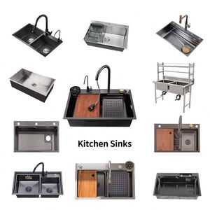 Juego de Fregaderos de Cocina Multifuncional de Acero Inoxidable 304 Gris con Grifo Cascada Extraíble y Cerámica Moderna de Cobre para Agente de Compras - Product Image 1