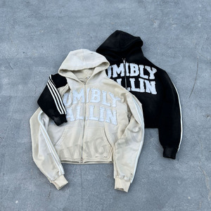 Custom Unisex Vintage Side Stripes Raw Hem Zip Sudadera con capucha Apliques Parche Bordado Recortado Ácido Lavado Sudaderas con capucha - Product Image 1