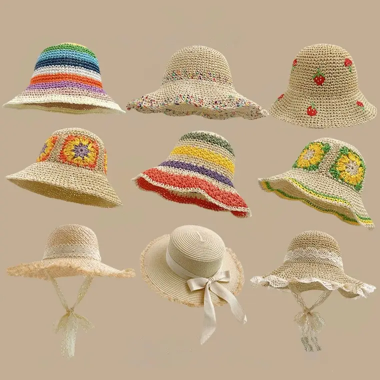 Chapeau de pêcheur en paille d'été pour femmes Color Blocking Casual all match Sunscreen Fashion Women seau paille Hats