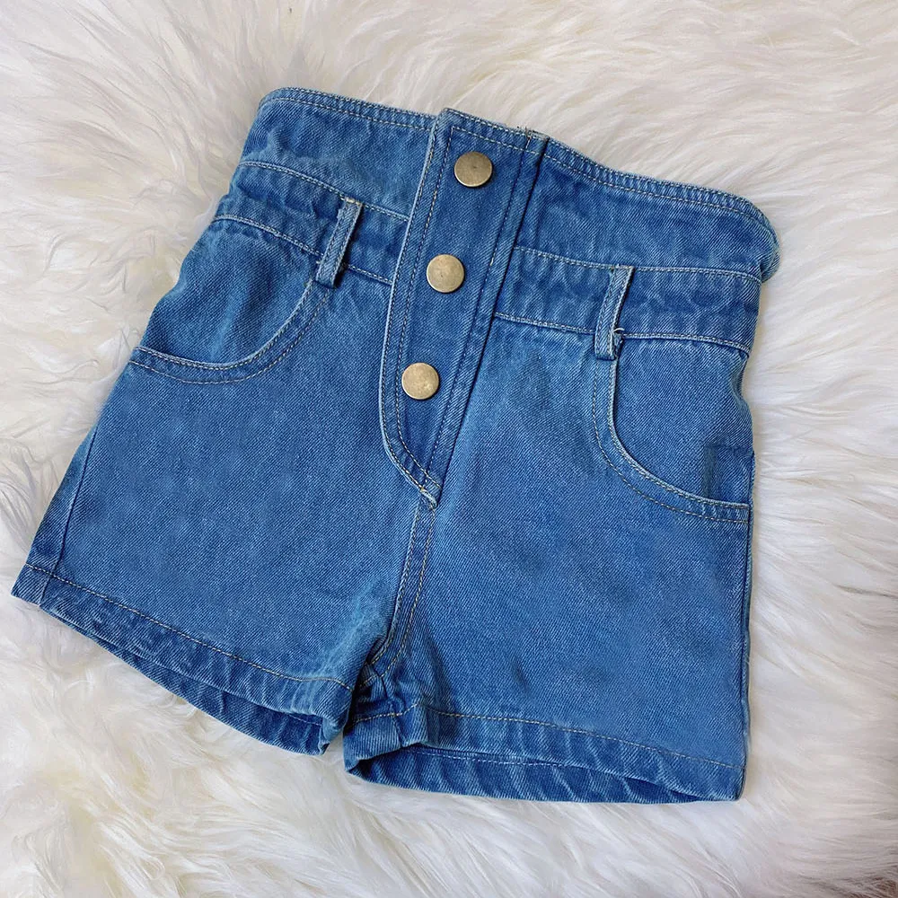 Großhandel Mode Kinder Jean Mädchen Hohe Taille Jean Shorts <span class=keywords><strong>Baby</strong></span> Button <span class=keywords><strong>Blue</strong></span> Denim Shorts