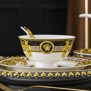 Service de table en porcelaine noire et or, style européen minimaliste, assiettes et bols, vaisselle de luxe - Product Image 4