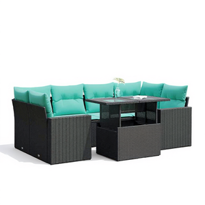 7 Piece Black Poly <b>Rattan</b> Patio <b>Sofa</b> Set With Cushions Garden Furniture Outdoor Seating 6 Person Contemporary Design - Product Image 1