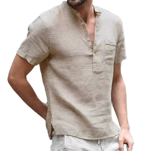 Camicia da Lavoro <span class=keywords><strong>Giapponese</strong></span> a Collo Semi-Aperto, Manica Corta, Traspirante, in Misto Cotone e Lino, Vestibilità Ampia, Stile Streetwear per Uomo - Product Image 2