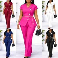 Tenues d'été tendance pour femmes, haut élégant à manches courtes et col en V boutonné, ensemble pantalon large, ensemble deux pièces, vêtements pour femmes