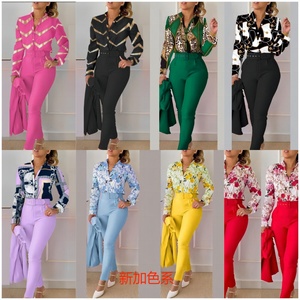 2025 Spring New Elegant Women's Mandarin Collar Button Floral Long Sleeve Shirt + Pants Casual Two Piece <b>Set</b> (No Coat) - Product Image 1