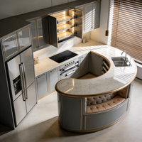 Armoire de cuisine moderne et simple en bois massif blanc avec éclairage LED et îlot incurvé, personnalisable pour cuisines modernes