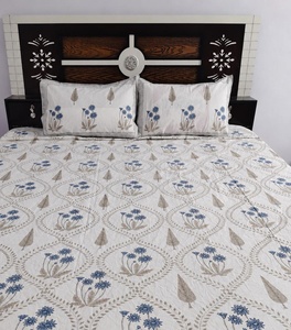 <b>King</b> <b>Size</b> Floral Hand Block Print Cotton Bedsheet Set White Indian Jaipur Handmade Bedding with 2 Pillow Covers - Product Image 3
