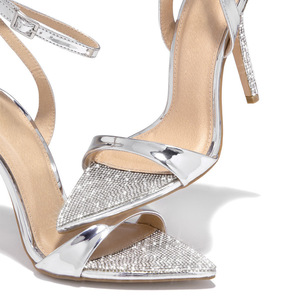 Sandales à talons hauts pour femmes avec bride à la cheville, ornées de strass, à bout pointu, en cuir métallisé, pour soirées et bals - Product Image 4
