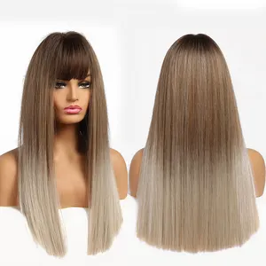 Synthetic Wigs with Bangs Long Straight Ombre Brown Gray Ash Hair Wigs for Women High Temperature Fibre