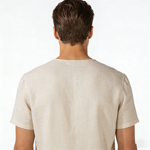 Camiseta de <span class=keywords><strong>Hombre</strong></span>, Corte Relajado, Tela de Lino, Transpirable, Ligera, Color Beige, Dobladillo Curvo, Informal, para Uso Diario, con Costura Central - Product Image 4