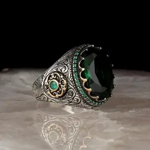 SC Cincin Batu Permata Zamrud Berukir Perak, Perhiasan Cincin Zirkon Batu Permata Hijau Biru untuk Anak Perempuan dan Wanita