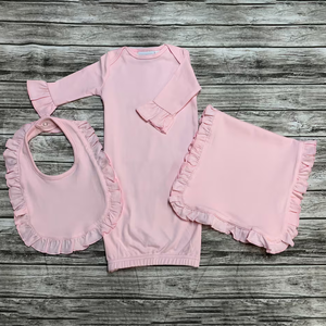 모노그램 핑크 아기 소녀 가운 세트 100% 면 유아 가운 턱받이 트림 천 세트 집에 가운 - Product Image 2