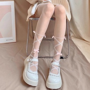Lolita Student White Stockings 8D Ultra Thin Calf-Length Lace-Up Bow Pantyhose Women Spring Autumn Transparent - Product Image 2