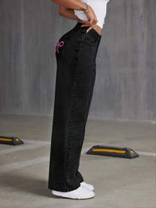 Jeans <span class=keywords><strong>Femme</strong></span> Taille Haute Droit Ample Nœud <span class=keywords><strong>Style</strong></span> <span class=keywords><strong>Baggy</strong></span> Extensible Denim Délavé Été Réduction Âge Pantalon Large Jambe Hip Hop - Product Image 3