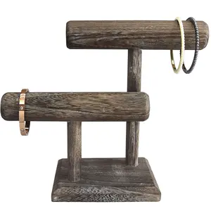 Torre di visualizzazione dell'orologio del braccialetto dei gioielli di legno di 2 livelli di stile antico, supporto di immagazzinaggio del supporto della collana di Scrunchie del braccialetto