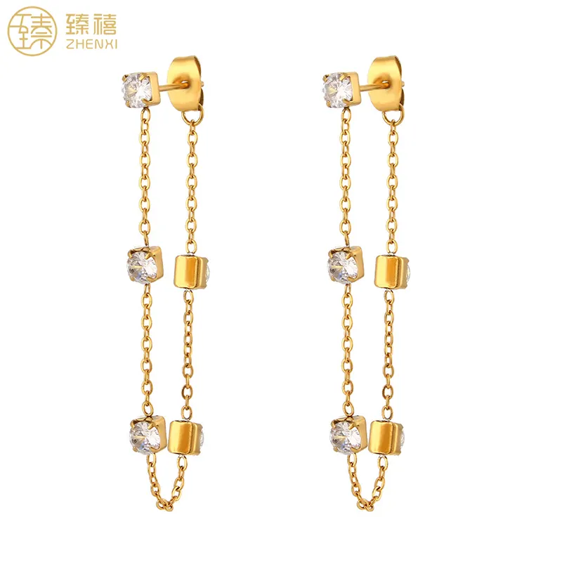 Brincos para meninas zhenxi, design de corrente longa banhada a ouro, tarniz minimalista, sem hastes de zircônia cúbica