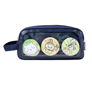 Nylon Pencil Case With Three <b>Cute</b> Character Buttons Transparent Front Pocket <b>Stationery</b> Bag - Product Image 5