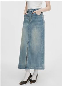 OEM ODM yüksek Rise klasik mavi Denim kot etek zarif Streetwear düğme sevimli düz sıska tasarım çapak kenar cepler yaz - Product Image 5