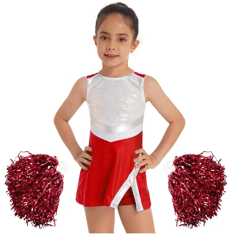 Kids Girls Sleeveless Shiny Sequins Adorned Dress Dance Outfit with Shorts and 2Pcs Flower Balls Set for Cheerleading