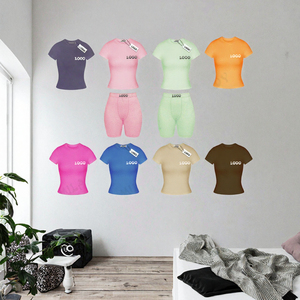 <b>Women</b> Cotton Loungewear Set Short Sleeve O-Neck Crop and Bike Shorts 2 Piece Sleepwear Summer Casual Wear - Product Image 2