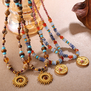 Natural Stone Beaded Necklace With Sun Pendant Geometric <b>Design</b> Zinc Alloy Fashion Jewelry For Women - Product Image 1