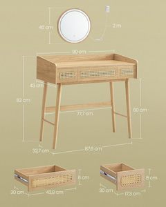 Dressing Table with Mirror Lighting Cosmetic Table 3 Rattan <strong>Drawers</strong> Touch Control 3 Light <strong>Colours</strong> - Product Image 5