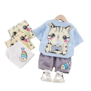 Camiseta de Verano para Bebés Niños, Estilo Moderno, Algodón, Estampado de Gato Azul, Conjunto de Ropa Infantil - Product Image 1