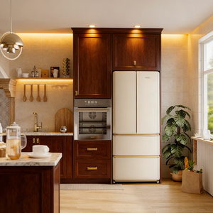 <span class=keywords><strong>Cucina</strong></span> Americana di Lusso con Mobili in Legno Massello Grigio Chiaro, Elettrodomestici Integrati Bianchi e Dettagli Metallici Eleganti - Product Image 6