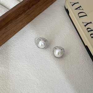 Kaiming S925 Sterling <b>Silver</b> Pearl <b>Stud</b> Earrings With Zircon Circular Geometry Everyday Wear - Product Image 4