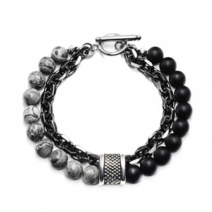 Bracelet géométrique tendance pour homme en acier inoxydable avec chaîne perlée et maillons, motif <span class=keywords><strong>carte</strong></span> givrée - Product Image 1
