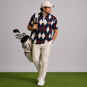 Custom Logo Argyle Golf <b>Polo</b> <b>Shirts</b> for <b>Men</b> Navy <b>Burgundy</b> Diamond Print Short Sleeve Private Label OEM ODM Manufacturer - Product Image 1