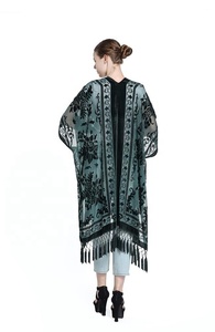 Kimono de Terciopelo de Buena Calidad para <span class=keywords><strong>Mujer</strong></span>, Cárdigan de Terciopelo con Borlas, Kimono de Terciopelo Quemado - Product Image 6