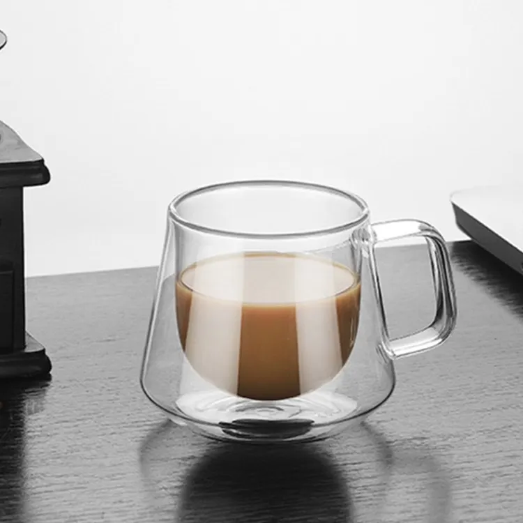 Competitive Price Reusable 200ml double walled glass coffee cup mug with handle