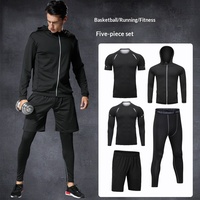 Ensemble de sport cinq pièces pour homme, couleur unie, séchage rapide, manches longues, en soie de lait, élasthanne et polyester, pour le fitness