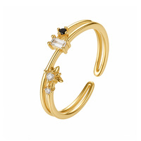 Anillo Abierto de Doble Banda Geométrico Glowluxe con Detalle de Zirconia Baguette en Forma de Estrella, Plata de Ley 925, Joyería en Tono Dorado
