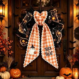 Couronne décorative d'Halloween en tissu à carreaux, avec chapeau de sorcière, citrouille et nœud, pour la porte d'entrée de la maison en automne - Product Image 1