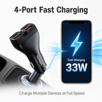 Adaptador de Corriente para Auto con Doble USB C PD 33W y USB A 22.5W, con LED Verde y 4 Puertos, Cargador Rápido para Viajes Familiares y SUVs, con Logotipo Personalizado de Fábrica