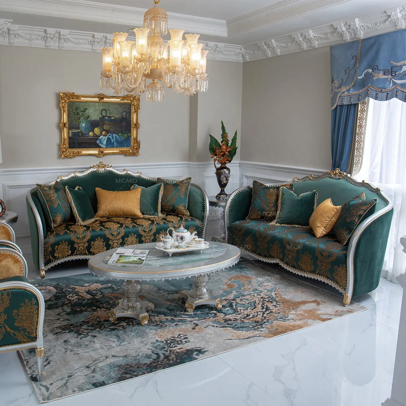 الملكي الأوروبي الايطالية الكلاسيكية خشب متين الأخضر النسيج الفاخرة الأريكة أريكة