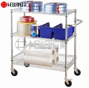 Well Priced Worktable Movable Working Table 3 Tiers Chrome Trolley Cart With Wheels