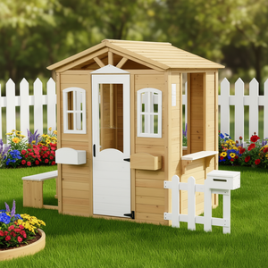 Maisonnette en bois naturel pour enfants de 3 à 6 ans, style chalet blanc naturel avec porte, fenêtres et boîte aux lettres, pour jardin ou cour arrière. - Product Image 2